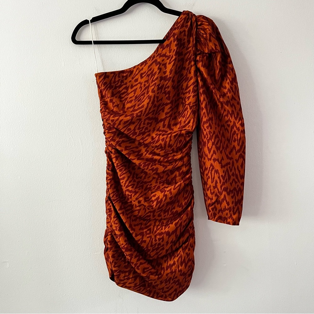 Aritzia Wilfred Rhapsody One Puff Sleeve Animal Print Ruched Mini Dress size 2 - Picture 5 of 16